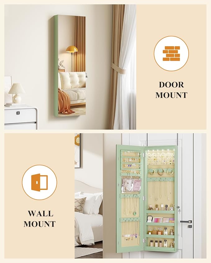 LVSOMT Over The Door Jewelry Organizer, 6 LED Wall Mounted Jewelry Cabinet | Lockable 42.5" Full Length Mirror with Jewelry Storage, Hanging Jewelry Mirror Cabinet, Jewelry Armoire for Women, Green