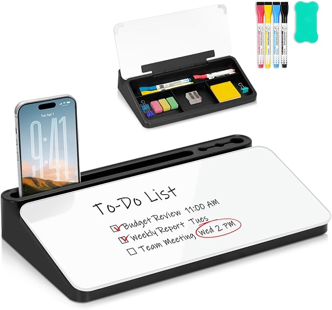 Small Desktop Glass Whiteboard with Storage, Desk Dry Erase White Board | Computer Keyboard Stand, Office Desk Organizers and Accessories with Drawer, To Do Memo Notepad, Home School Supplies