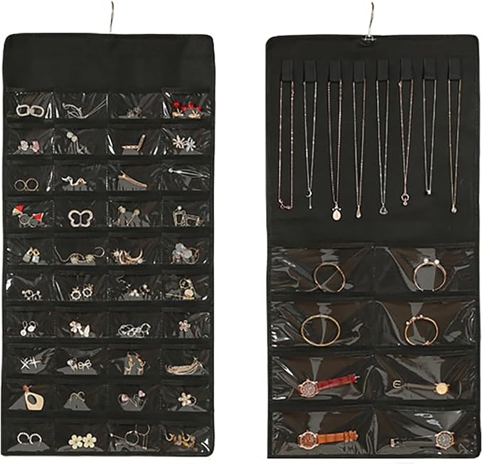 Hanging Jewelry Organizer Storage Roll with Hanger Metal Hooks Double-Sided Jewelry Holder for Necklaces, Earrings, Rings on Door, Wall, Closet, 48 Pocket Organizer,Black