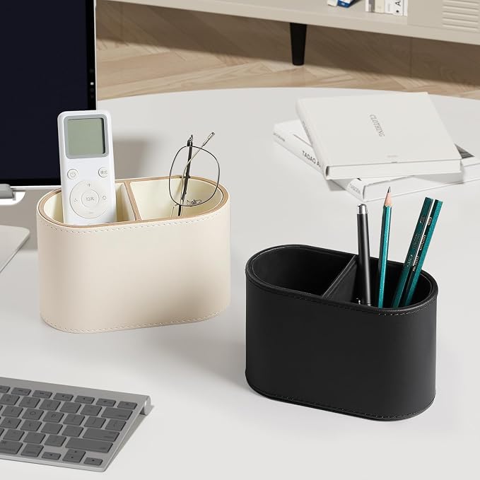 Pen Holder for Desk, Small Remote Control Holder, Beige | 2-Compartment Oval Pencil Cup with Soft Velvet Lining, PU Leather Desktop Organizer Caddy for Home School Office Desk