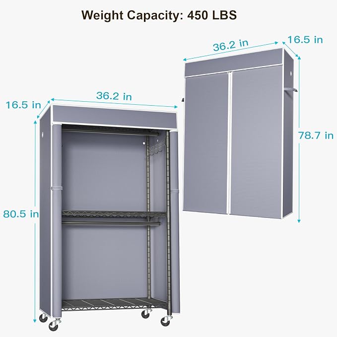 FUTASSI Black Clothing Rack with Grey Cover, P1C Rolling Closets with Wheels, Metal Garment Rack for Hanging Clothes, Clothing Storage Wardrobe, 36.2" W x 16.5" D x 80.5" H, Load 450 Pounds