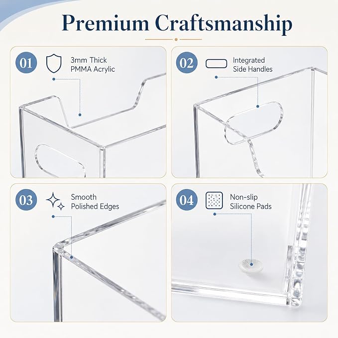 Acrylic File Organizer Box with Handles, Clear | Desktop File Organizer, For Letter Size and A4 Folders, Portable Folder Holder, Includes 4 Non-Slip Pads