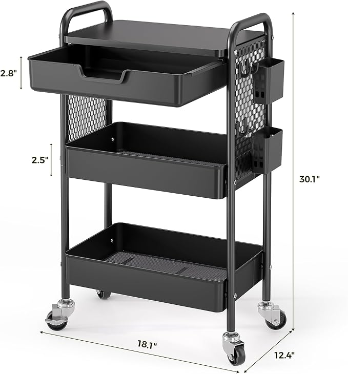 3 Tier Metal Rolling Utility Cart with Drawer & Pegboard - Multifunctional Storage Cart on Wheels with Tabletop, Hooks & Basket, Sturdy Craft & Art Cart for Bathroom, Bedroom, Children Room, Black