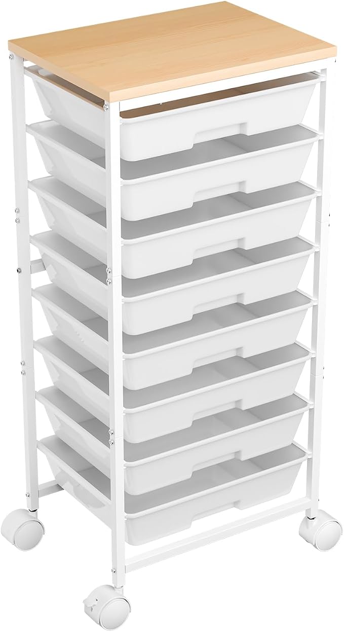 Ekisemio Rolling Cart with 8 Drawers, Storage Drawers Cart with Wooden Tabletop and Lockable Wheels, Utility Cart for Living Room, Office, Classroom, Craft Room, White