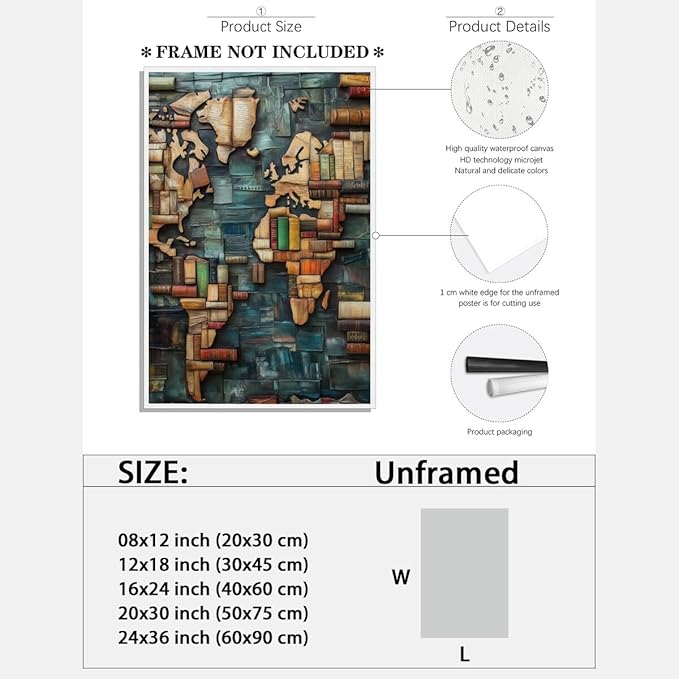 World Map Book Adventure Vintage Library Art Aesthetic Poster Canvas Wall Art Decoration Living Room Home Decor Bedroom Decoration Poster Unframed8x12inch