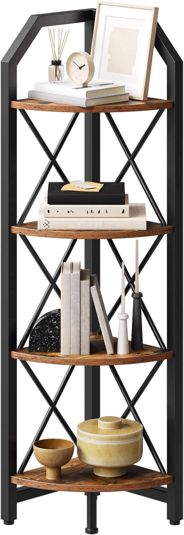 CHOEZON 47.6" Corner Shelf, 4-Tier Industrial Corner Bookshelf, Corner Storage Stand, Corner Bookcase for Bedroom, Living Room, Home Office, Rustic Brown and Black TCJ09BF