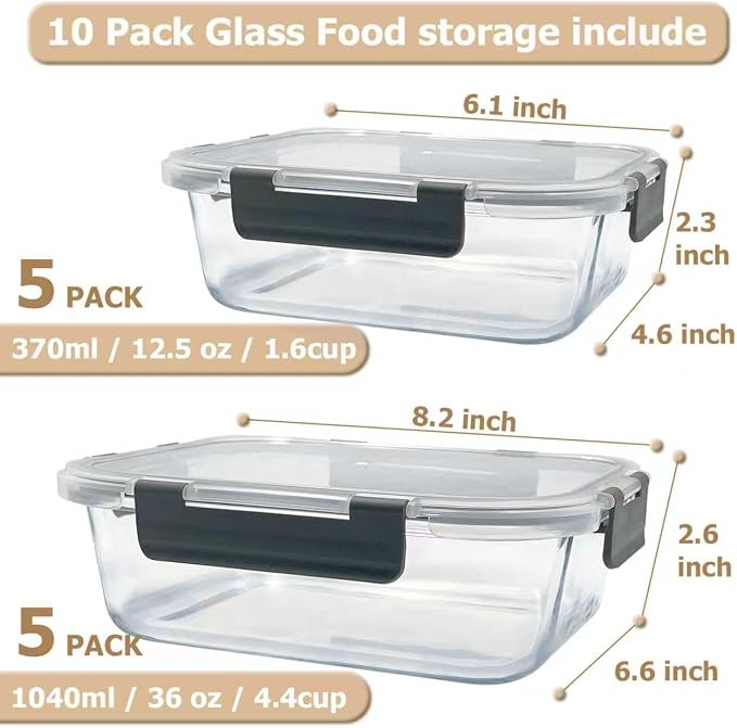 10 Pack Glass Meal Prep Containers with Lids Airtight 36oz & 12.5oz, Stackable Glass Food Storage Containers BPA Free, Leak Proof, Microwave, Oven, Freezer and Dishwasher Safe