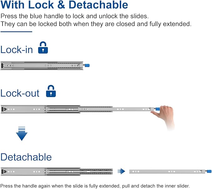 VADANIA #D53 44" Heavy Duty Locking Drawer Slide with Lock, 1-Pair | 2" Width, Up to 125lb Load Capacity, 3-Fold Full Extension, Detachable Lock-in & Lock-Out, Side Mount
