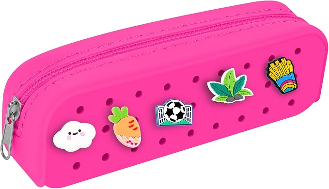 BestStone Silicone Small Pencil Pouch – Small Pencil Case with DIY Holes and 10 Decorative Charms, Multipurpose Makeup Bag or Stationery Organizer, Large Capacity(Hot Pink)