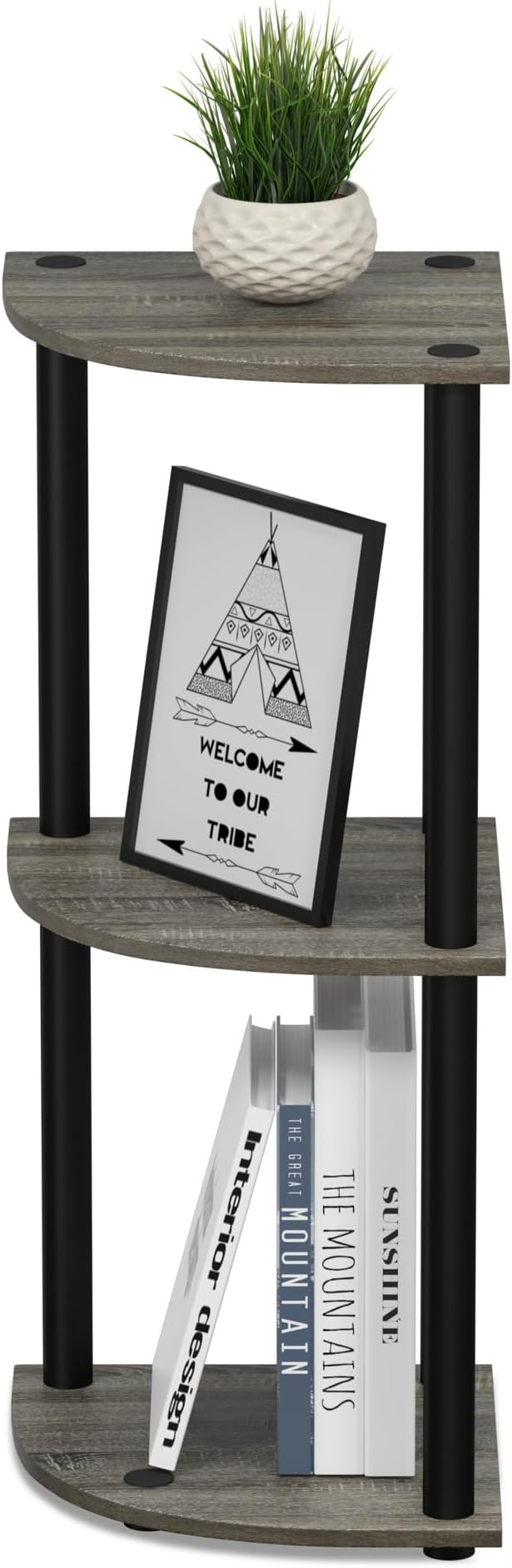 Furinno Turn-N-Tube Toolless Assembly 3-Tier Corner Shelf, Corner Book Shelf, Open Shelves Bookshelf, for Organization and Storage, Living Room, Home Office, Bedroom, Grey Oak