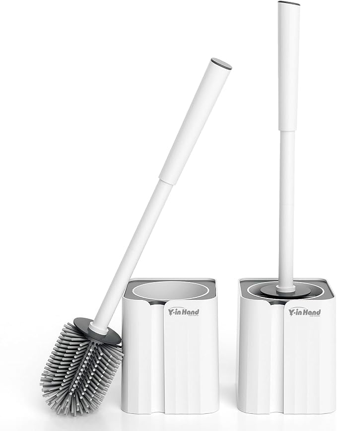 Y-in Hand 2 Pack Silicone Toilet Brush, Soft Toilet Bowl Brush Set for Deep Cleaning. Bathroom RV Accessories with Long Handle, Wall mountable. - White