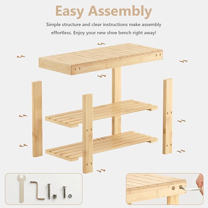 NEWBULIG Shoe Rack Bench, 3-Tier Bamboo Shoe Organizer, Wooden Entryway Storage Bench, 286 lb Load Capacity, 11.2x27.6x17.9 Inches, for Entryway Bathroom Bedroom Balcony, Wood