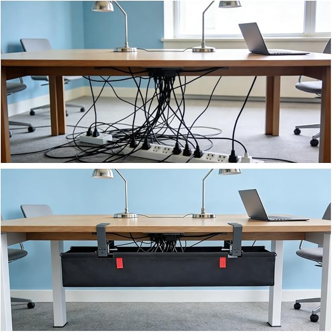 [Upgraded] Under Desk Cable Management, 48" Cord Organizer, with Silicone Pads (No Scratch!), 16 Cable Ties, Washable PE Honeycomb Base,Fits Any Desk 0-2.1", No Stinky Cardboard!Beige 48"L x 6"W