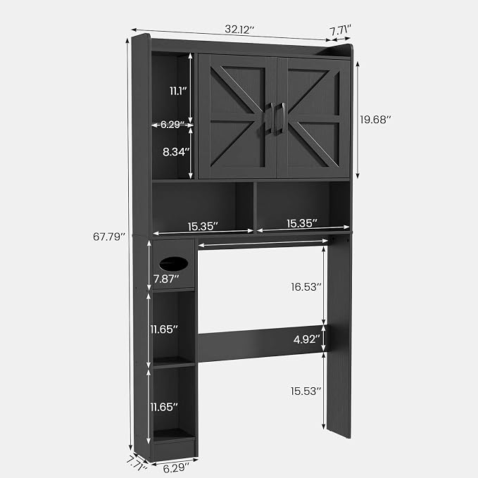 Vabches Over The Toilet Storage Cabinet with 2 Barn Doors, Black | Farmhouse Storage Cabinet with Toilet Paper Holder Stand，Home Space-Saving Toilet Rack, for Bathroom, Restroom, Laundry