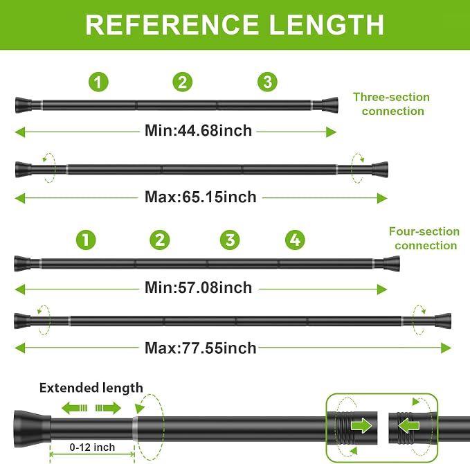 Shower Curtain Rod 45 to 77 Inches Black Tension Curtain Rod No Drilling Shower Tension Rod Adjustable Curtain Tension Rod Shower Rods for Bathroom,Windows