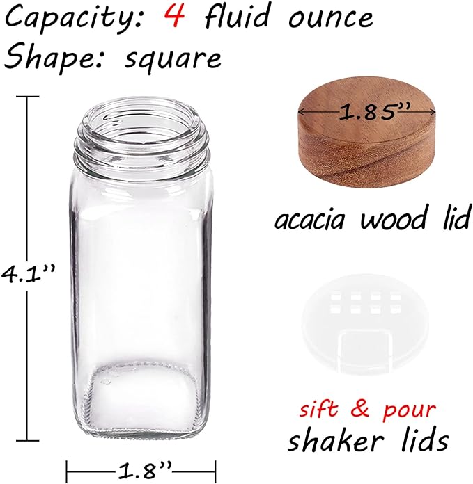 Churboro 36 Pack 4oz Glass Spice Jars with 547 Labels, Acacia Wood Lids | Empty Square Spice Bottles with Acacia Wood lids, Labels, Funnel & Chalk Pen. Keep Seasoning Containers Neat and Organized