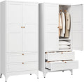 Letaya Metal Armoire Wardrobe Closet with 2 Drawers,18" Deep Clothing Storage Cabinet with Doors and Shelves,Coat Closet with Hanging Rod,Bedroom,Home,Cloak Room,White