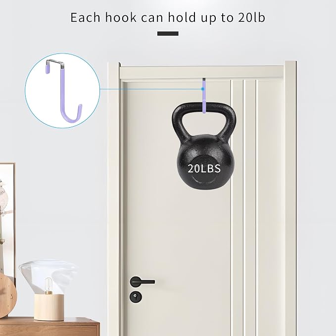 FYY Over the Door Hooks, Single-Hanger 4 Pack, Fits Doors 1 3/8" Lavender | Heavy Duty Metal, Hold 20lbs, Rubber-Coated, No-Drilling, for Bathroom Dorm, Hanging Towels Clothes Hats Bags Coats Wreaths