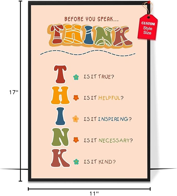 LOLUIS Mental Health Poster, Boho Therapy Tools Educational Supplies Art Print Classroom School Office Decor (Before You Speak Think, Custom Frame Type)