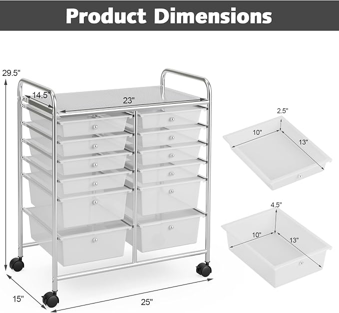 DREAMADE Rolling Cart with Storage Drawers, Utility Cart with Removable Plastic Drawers, Lockable Wheels, Art Cart for Classroom Organization Art Supplies Office Scrapbook (12 Drawers, Transparent)