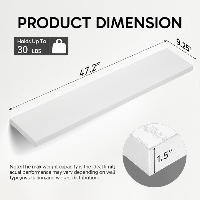 BAYKA Floating Shelves, 47.2 inches Long Heavy Duty Wall Mounted Rustic Wood Shelves for Bathroom, Bedroom, Living Room, Kitchen, Office, Hanging Shelf for Books/Storage/Decor(White,Set of 2)