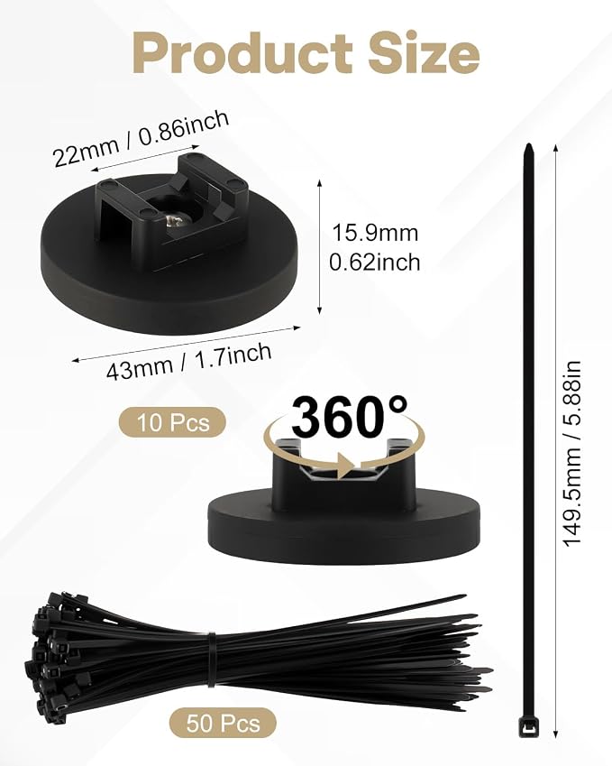 Magnetic Zip Tie Mount Wire Cable Holder | 10 Pcs 43mm Magnetic Cable Zip Tie Base with 50 Pcs Heavy Duty Zip, Multipurpose Wire Clips Management Base, Black
