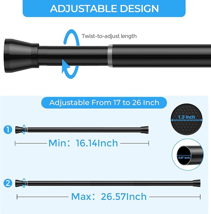 AIZESI Tension Curtain Rod 16 to 26 Inch No Drilling Adjustable 7/8” Diameter Black Short Curtain Rod, Small Curtain Rods for Window, Doorway, Closet, Kitchen