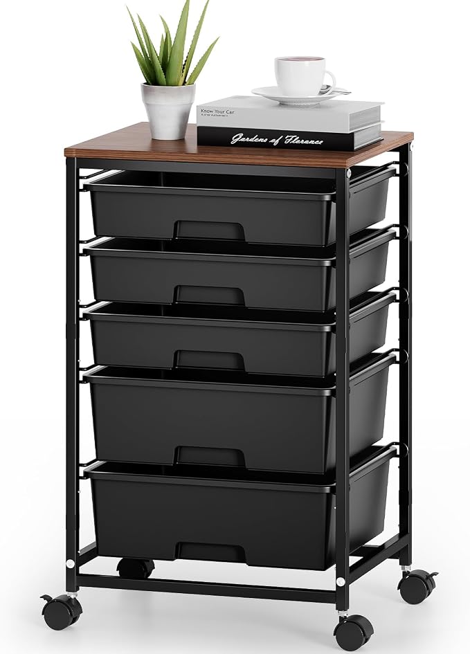 SYKIARIOL 5-Tier Rolling Utility Storage Drawer Craft Cart on Wheels with Wooden Tabletop, Mobile Craft Storage Drawer Cart Trolley for Home Office, Classroom, Craft Room & Kid Room, Black