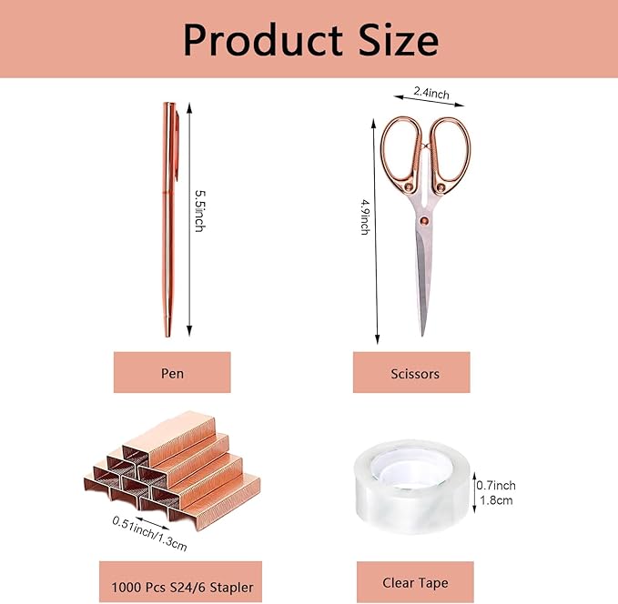 suniya Office Supplies,Desk Accessories,with Stapler,Tape Dispenser,Staple Remover,Scissor,Ballpoint Pen,Clear Tape,Staples,Binder,Best Gift Set(Rose Gold)