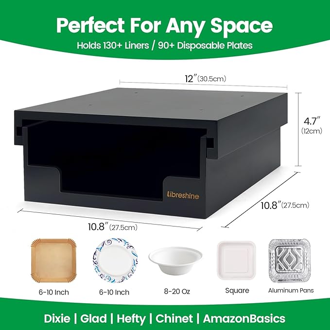 Libreshine 6/8/9 Inch Air Fryer Liner Dispenser, 8/9/10 Inch Paper Plate Holder Under Cabinet, Bamboo Kitchen Storage Organizer for Shelf and Countertop Black