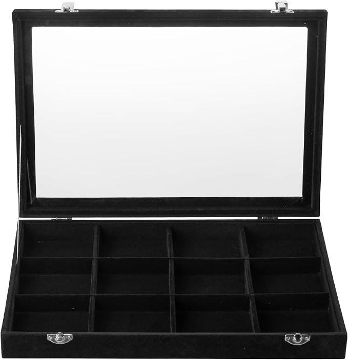 Frebeauty 12 Grid Bracelet Holder Box,Velvet Jewelry Tray with Clear Lid | Real Glass Lid,Bracelet Display,Jewelry Organizer for Bangle Brooch,Adjustable Divider,Dustproof Design,13.8×9.5Inches
