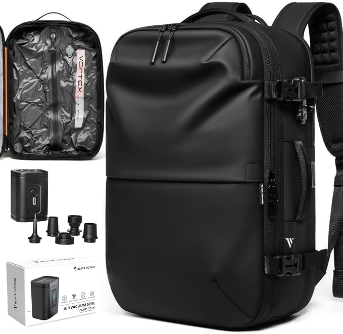 BlackVoyage Vortex Vacuum Seal Travel Backpack 60L Expandable Air Compression System Water Resistant TSA Lock Carry-On