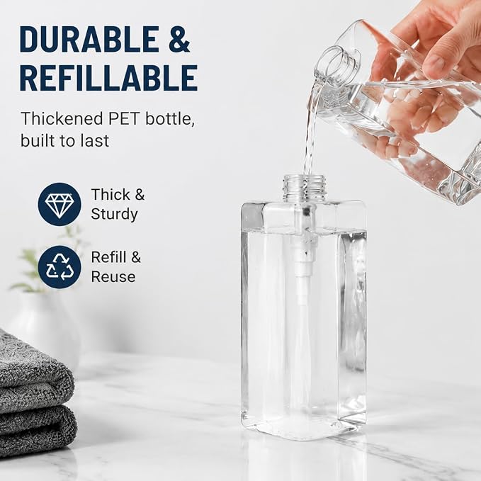 TMLECE 22oz/650ml Square Soap Dispenser Bottles | PETG Material, Large Capacity, Leak-Proof Pumps for Hand Soap, Lotion & Shampoo in Bathrooms & Kitchens, 4 Pack