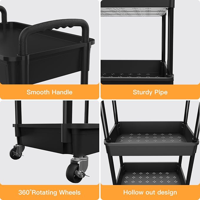 3 Tier Rolling Utility Cart with Drawer,REBECAT Utility Cart Made of Multifunctional Storage Organizer Tool for Kitchen,Bathroom,Living Room,Office(Black)