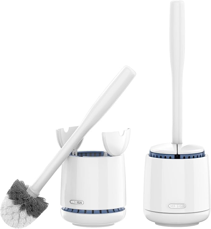 MR.SIGA Toilet Bowl Brush and Holder, Sturdy Long Handle, White, 2 Pack | Automatic Lid Design, toilet brush and holder set with replaceable toilet head, toilet bowl cleaner brush, toilet scrubber