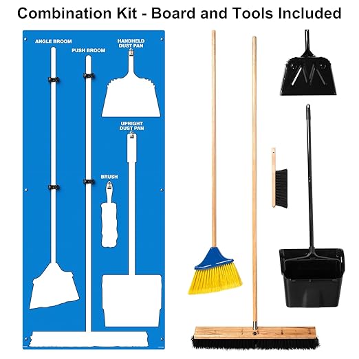Clean & Sweep 5S Shadow Board/Wall Mount Broom Holder, 68" x 30" Board, 5S Cleaning Station - with Broom and Dustpan Set Included, Made in The USA by AccuformNMC, Blue/White, PSB116BUWT