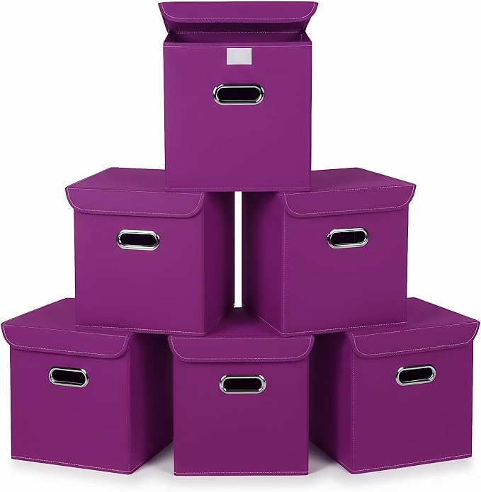 Closet Organizers Fabric Storage Bins With Lids Collapsible Cube Storage Organizer Basket With Handles,Storage Boxes for Clothes Storage,Office,Laundry,Shelves,6 Pack,（Purple）