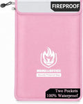 Upgraded Two Pockets Fireproof Document Bag (2000℉), andyer 15”x 11”Waterproof Fireproof Money Bag with Zipper, Fire Safe Waterproof Holder Pouch for Valuables, Legal Documents (Pink)