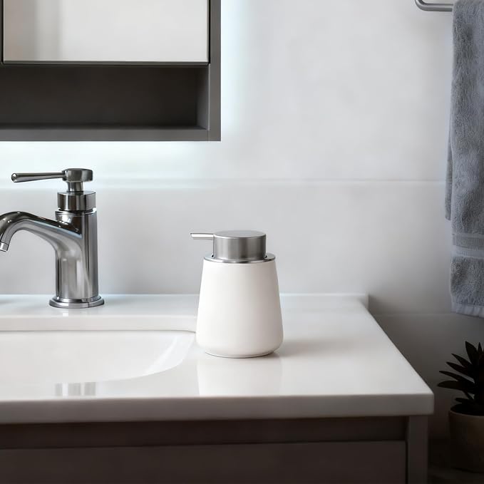Foaming Soap Dispenser - 12 Oz White Ceramic Foam Hand Soap Dispenser for Bathroom, Face Wash Dispenser Bottle with Silvery Foaming Pump, Matte Lotion Dish Dispenser Refillable for Kitchen