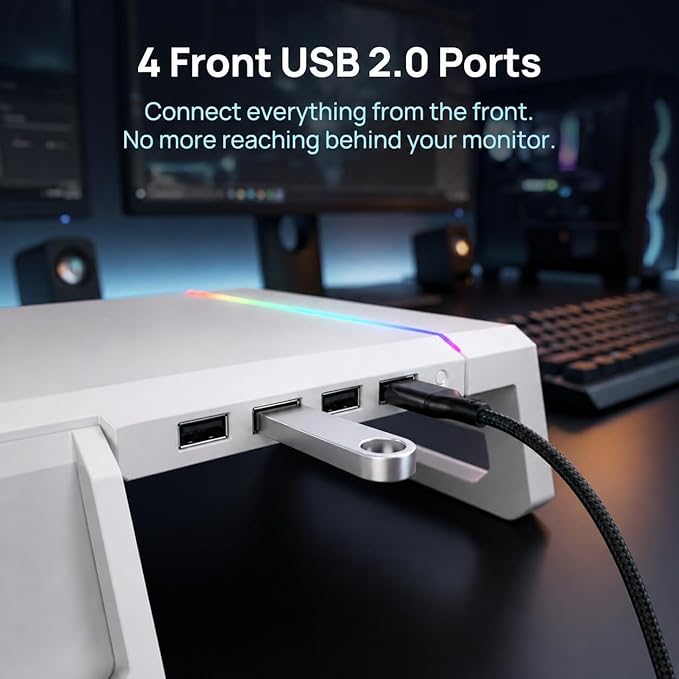 Monitor Stand Riser for Desk, Foldable Computer Monitor & Laptop Stand with Drawer, 4 USB 2.0 Ports, RGB Lighting, Phone & Tablet Holder, 72 lb Capacity (White)