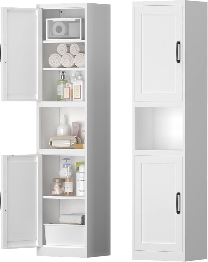 Tall Bathroom Cabinet, Slim Cabinet with 3 Adjustable Shelves, 2 Doors Narrow Storage for Bathroom, 67" H Floor Cabinet for Entryway, Kitchen, White