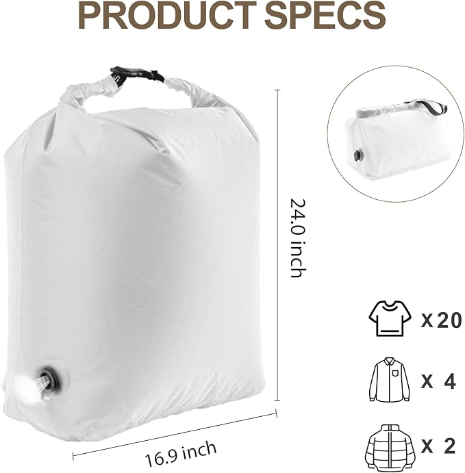 Travel Laundry Bag, Pump Free Vacuum Compression Dirty Clothes Bag Reusable Wet Dry Bags Large Capacity Space Saver Bags Camp Washable Clothes Organizer for Sports Dorm Laundromat (1 Pcs) (White, L)