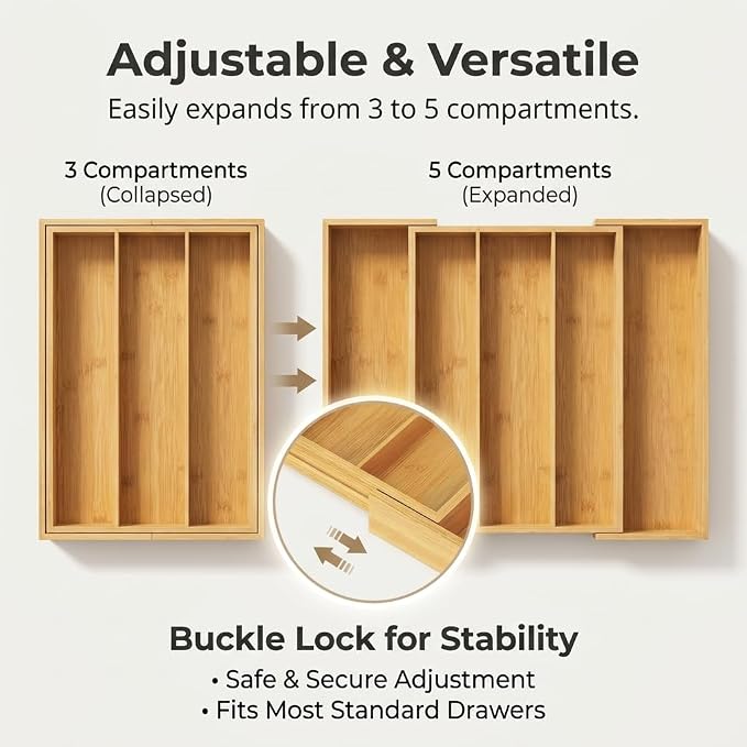 FUSHITON Expandable Bamboo Drawer Organizer, Adjustable Utensil Tray for Knives and Cutlery, Natural Wood Silverware Organizer for Kitchen, Bathroom
