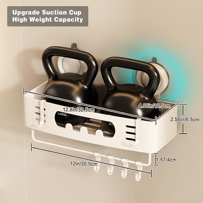 Voldra Shower Caddy Suction Cup, Shower Shelves for Inside Shower No Drilling, Aluminum Suction Showers Organizer for Wall with Towel Bar & Hooks Removable Bathroom Storage Rack(1 Pack-Cream White)