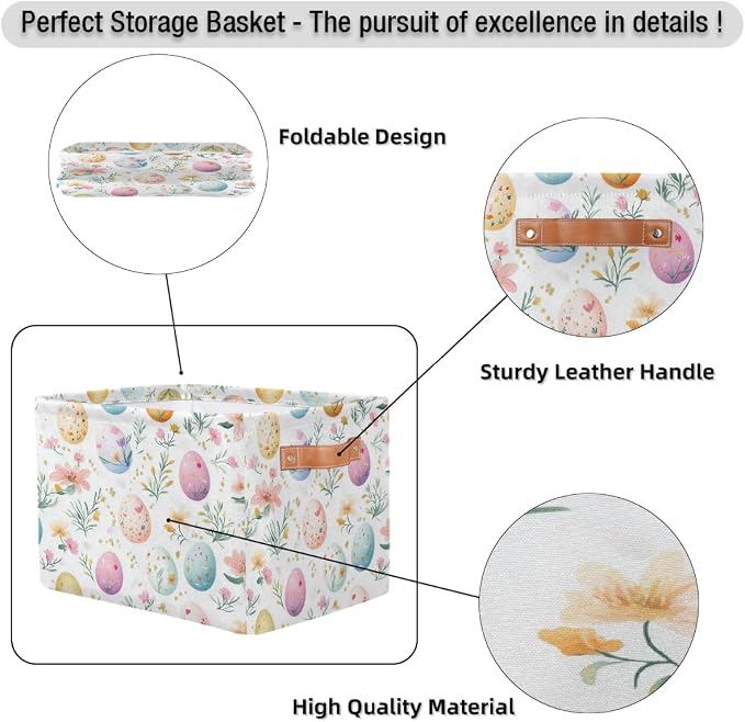 Cube Storage Bins for Shelves, Easter Eggs Flower Print Collapsible Fabric Toys Storage Basket Box with Handles for Home Office Bedroom Closet