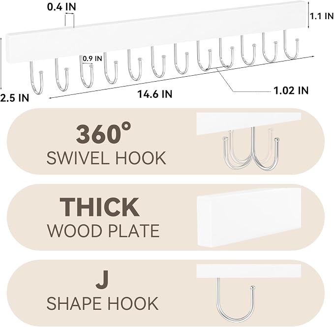 Belt Hanger Wall Mount, Wooden Closet Belt Organizer with 24 Metal Hooks, Large Capacity, White, 2 Pcs