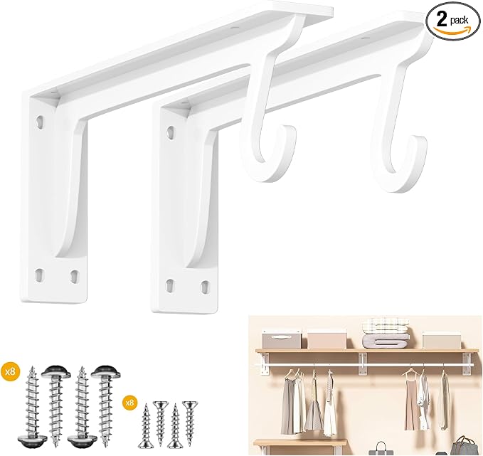 13.5x5.6 in Heavy Duty Closet Rod Support Bracket (White 2 Pack) | 400lbs Capacity Sturdy Wall Mounted L-Shaped Shelf Brackets with Rod Holders for Laundry Room Kitchen bathroom storage