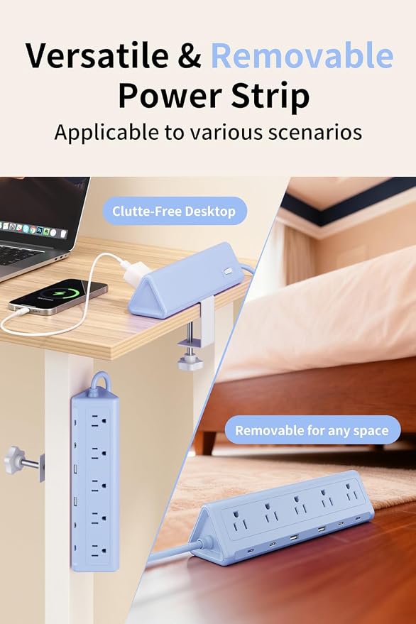 6.5 FT Desk Clamp Power Strip with 5 AC Outlets & 6 USB Ports PD 40W USB-C Fast Charging, Extension Cord with Multiple Outlets, Fits 2.1 in top Edge Blue