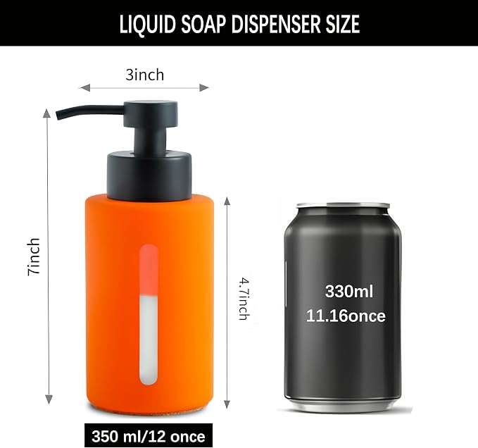 Enra Fall Glass Soap Dispenser with Window,12oz Orange Bathroom Soap Dispenser with Stainless Steel Lotion Pump,Hand Liquid Soap Dispenser Countertop for Bathroom Kitchen(Orange/Liquid Type)