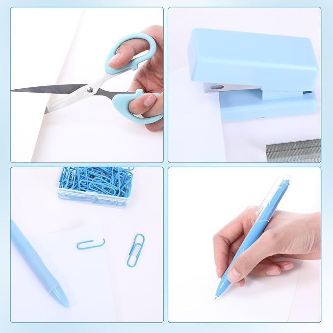 Mini Blue Office Supplies Kit Blue School Supplies Christmas Gift Desk Accessories with Gel Pens Sticky Notes Stapler Scissor Paper Clips Index Tabs Box Cutter for Christmas Gifts Office